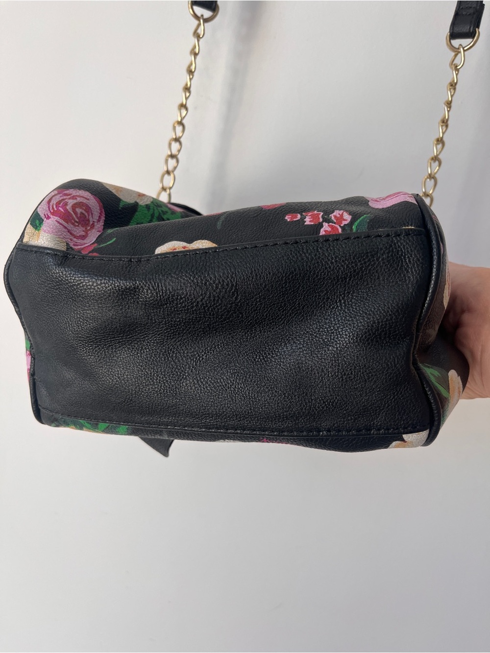 2 for $40- Betsey Johnson Black Floral Satchel with Gold Hardware and Large Bow - Picture 3 of 7